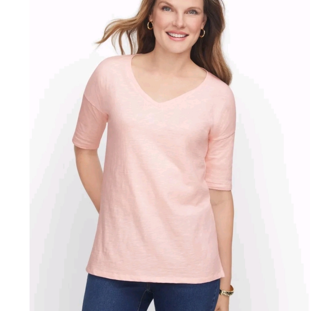 Talbots V-neck, elbow length tee - Scallop Pink